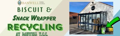 Banwell Parish Council Biscuit and snack wrappers recycling. Photograph of the front entrance of Banwell Y.C.C. with a green arrow pointing to a green recycling bin near the main entrance.