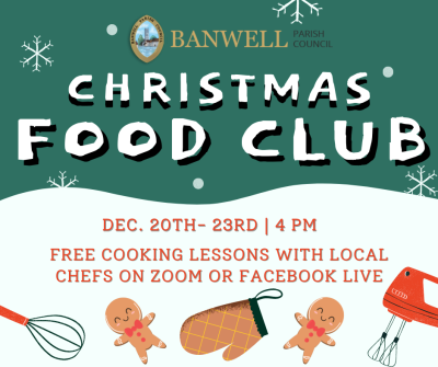 Christmas Food Club with pictures of mixing bowls, gingerbread men and snow