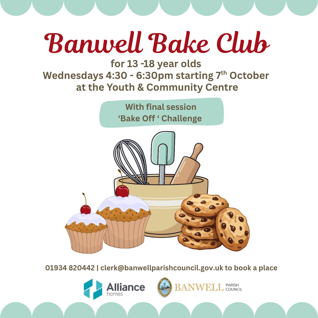 Cookies, cupcakes, baking utensils and bunting.