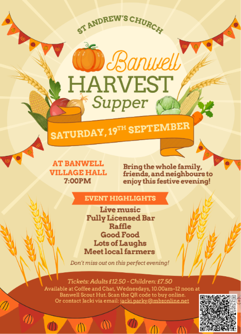 Poster with Harvest produce, flags and crops.