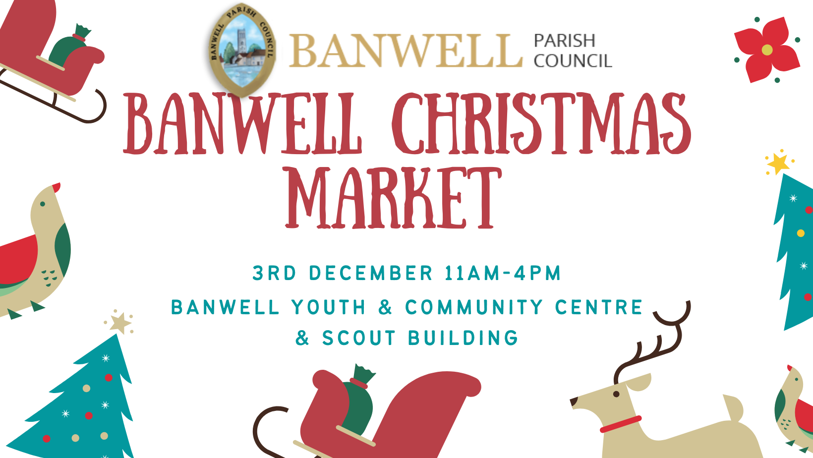 banwell christmas market text with cartoon christmas sleighs and reindeer