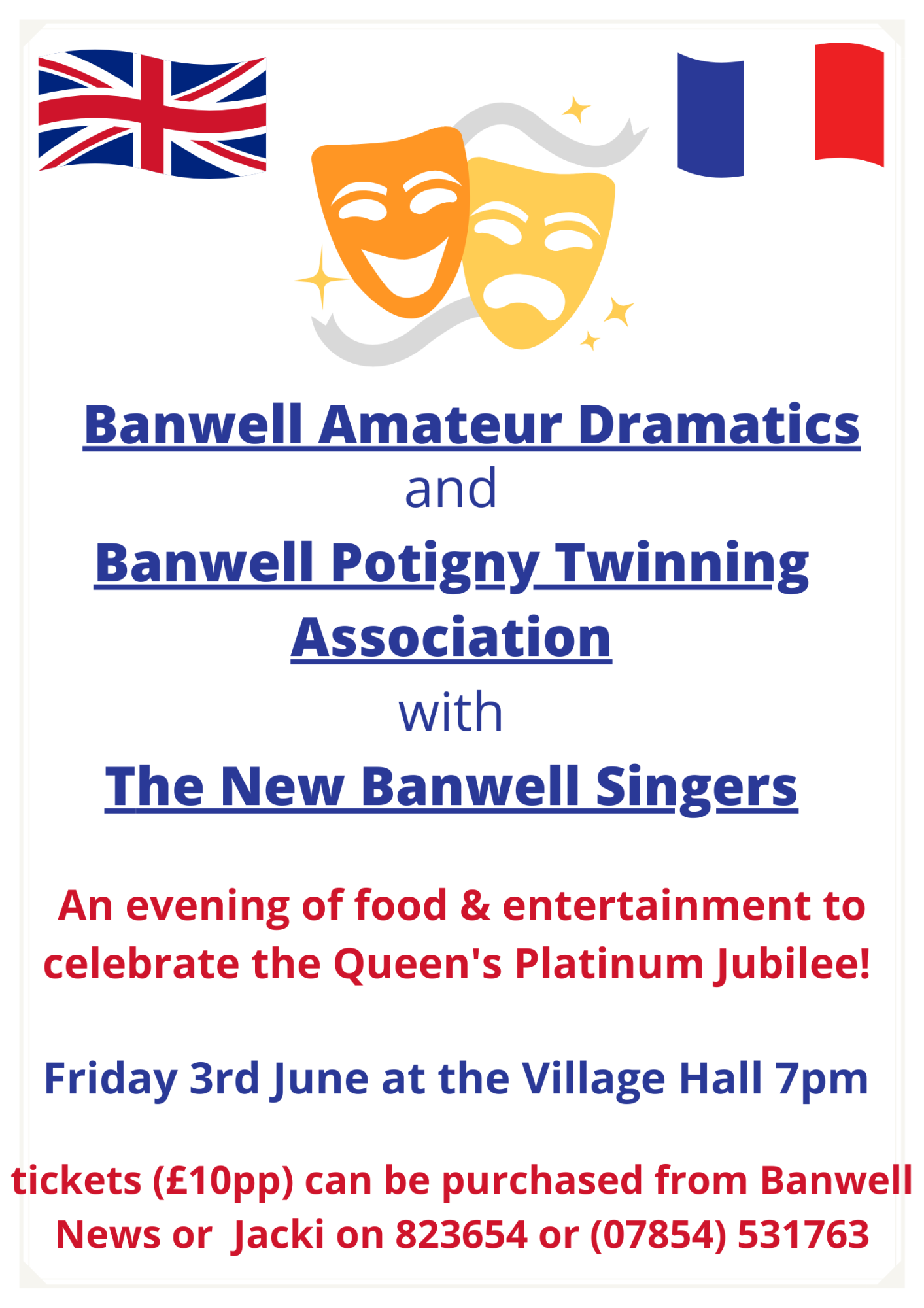 BANWELL TWINNING EVENT POSTER WITH DRAMA MASKS AND FLAGS