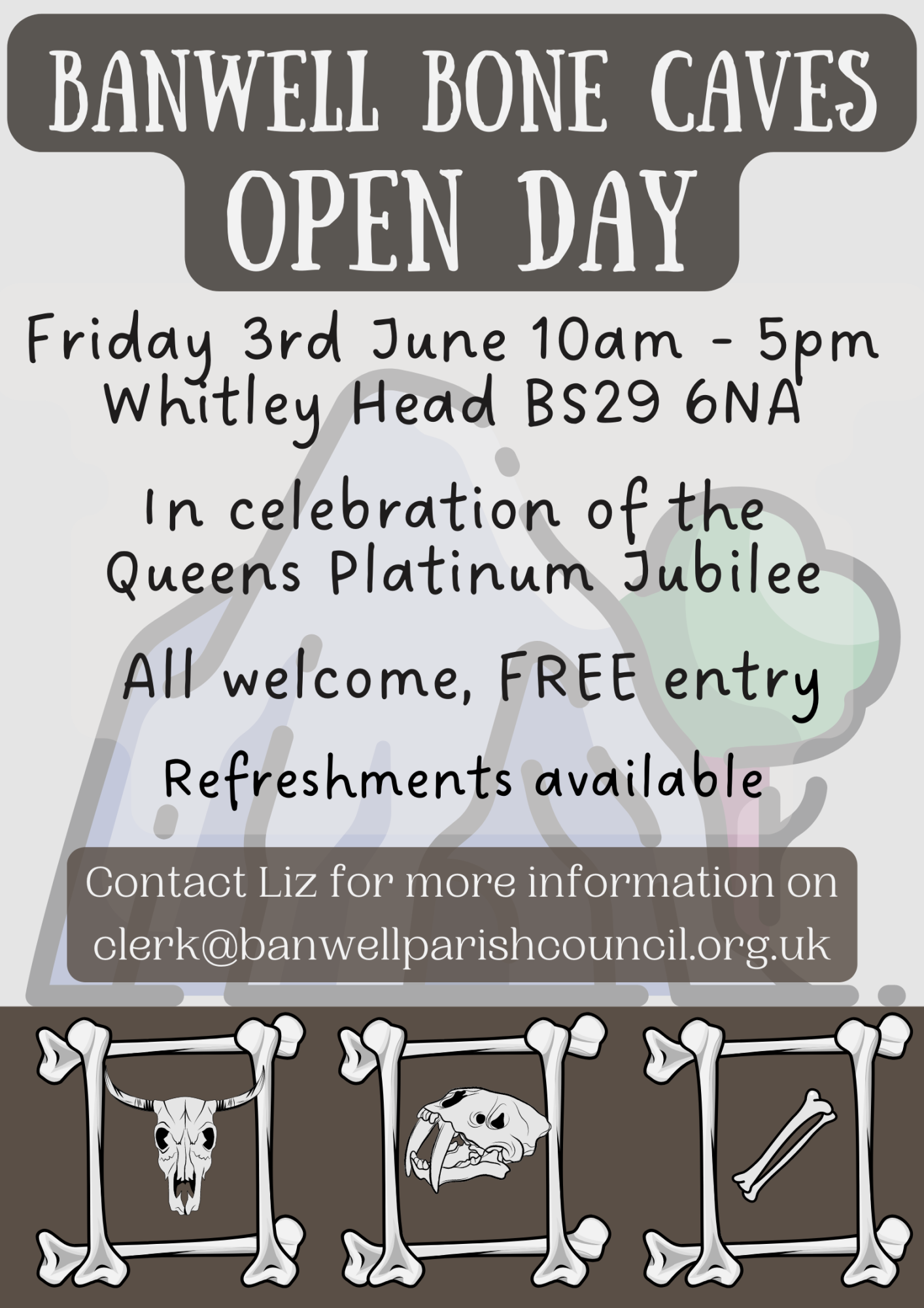 BANWELL BONE CAVES POSTER WITH CARTOON ANIMAL BONES AND CAVE