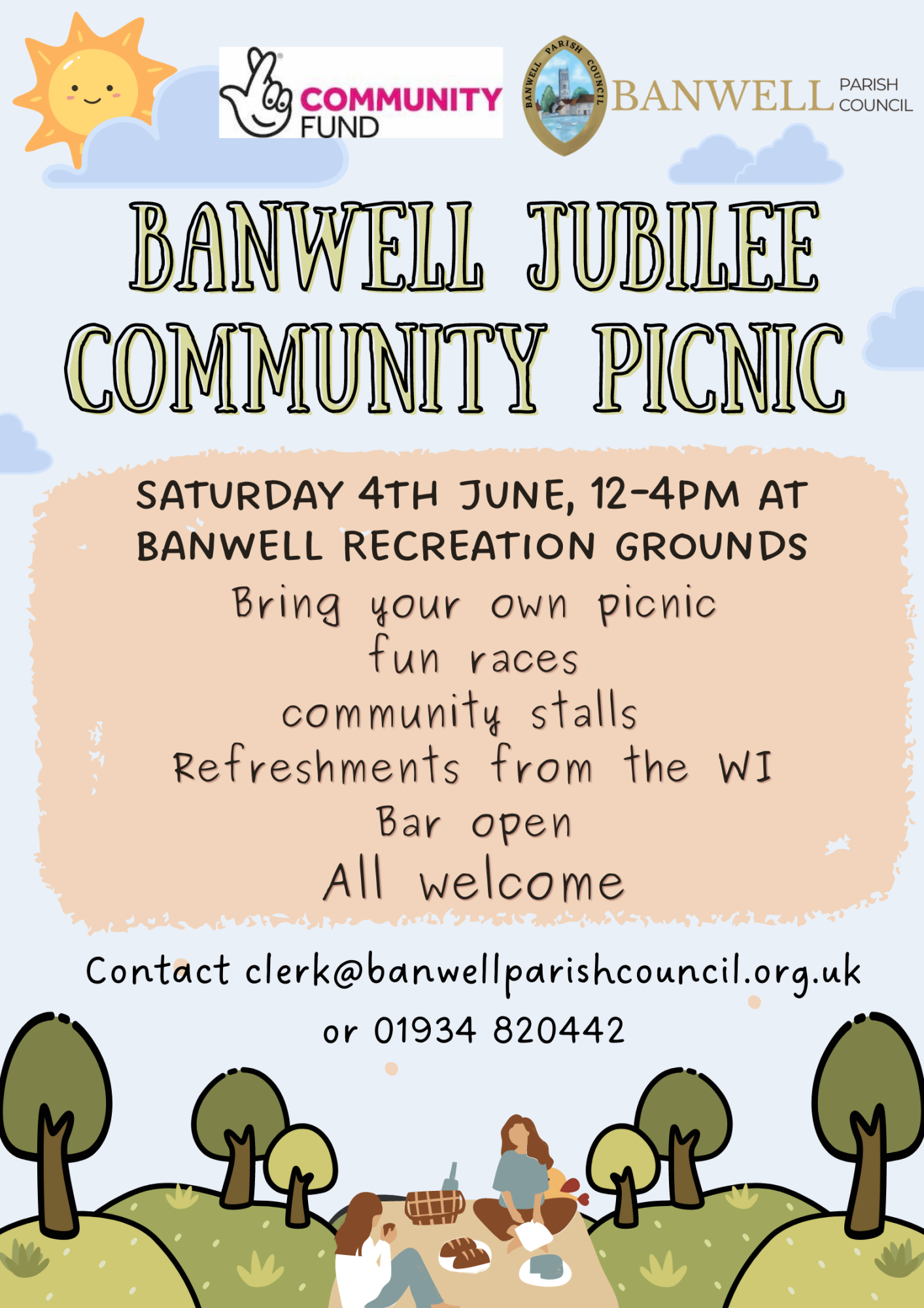 COMMUNITY PICNIC POSTER WITH CARTOON PICTURES OF SKY, SUN AND PICNICS