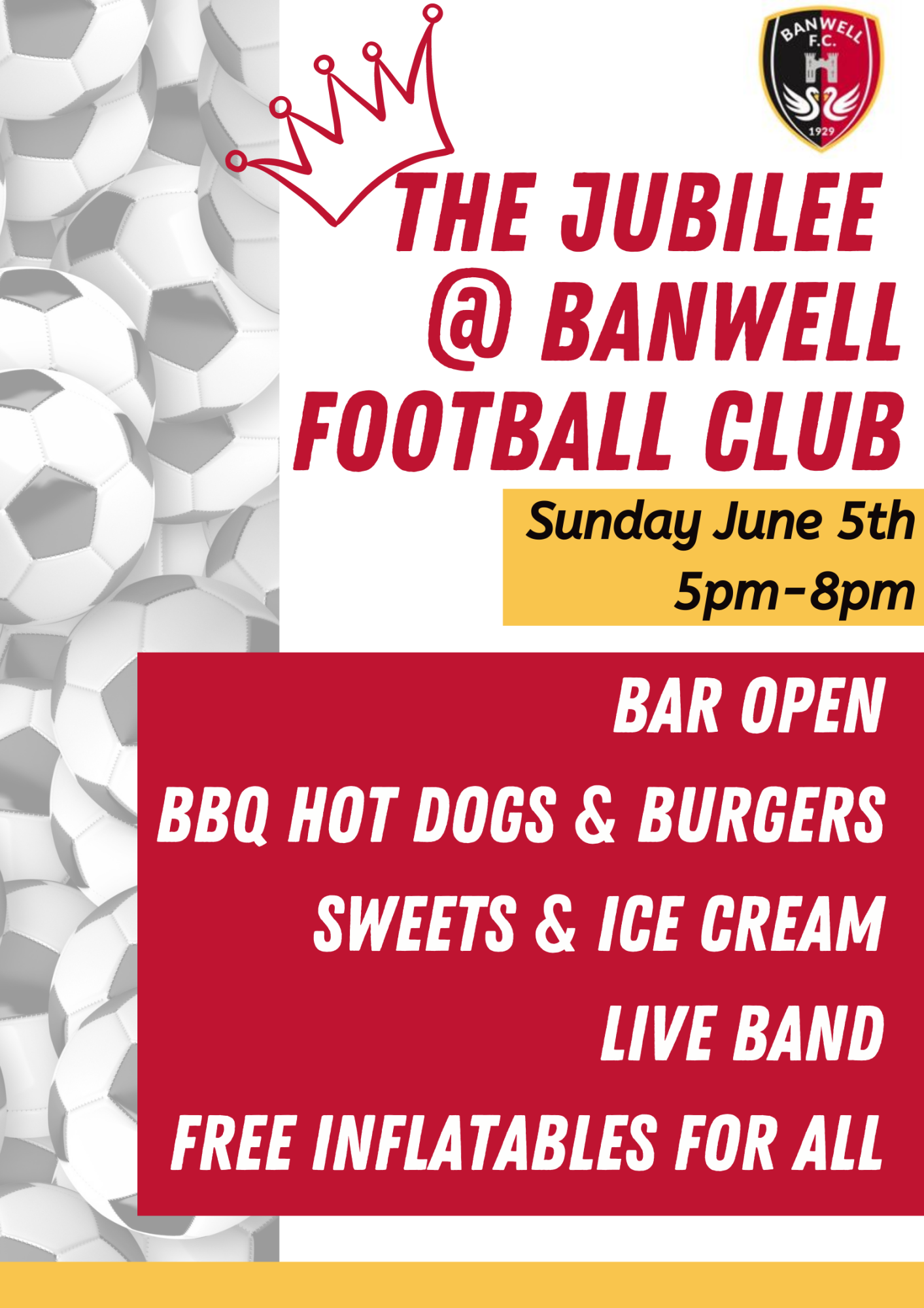 fOOTBALL JUBILEE EVENT POSTER WITH FOOTBALLS, CROWN AND LOGO